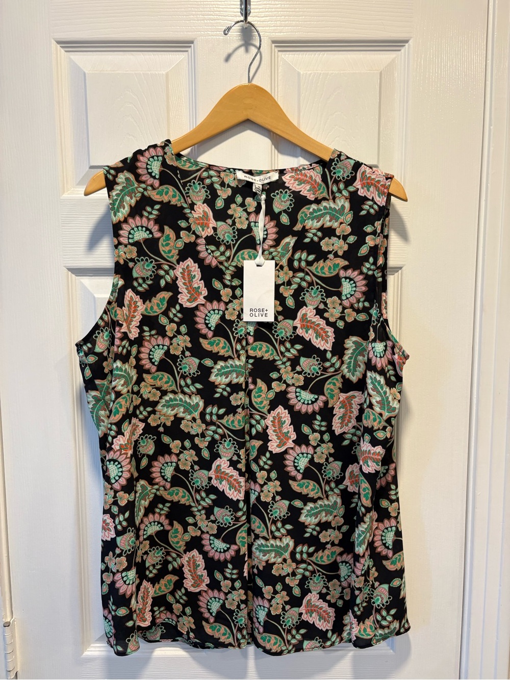 Rose & Olive Black Floral Sleeveless Top with Pink and Green Print